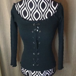 Sexy Stretch Green Ambiance Apparel Lace up Off shoulder Long Sleeve Shirt